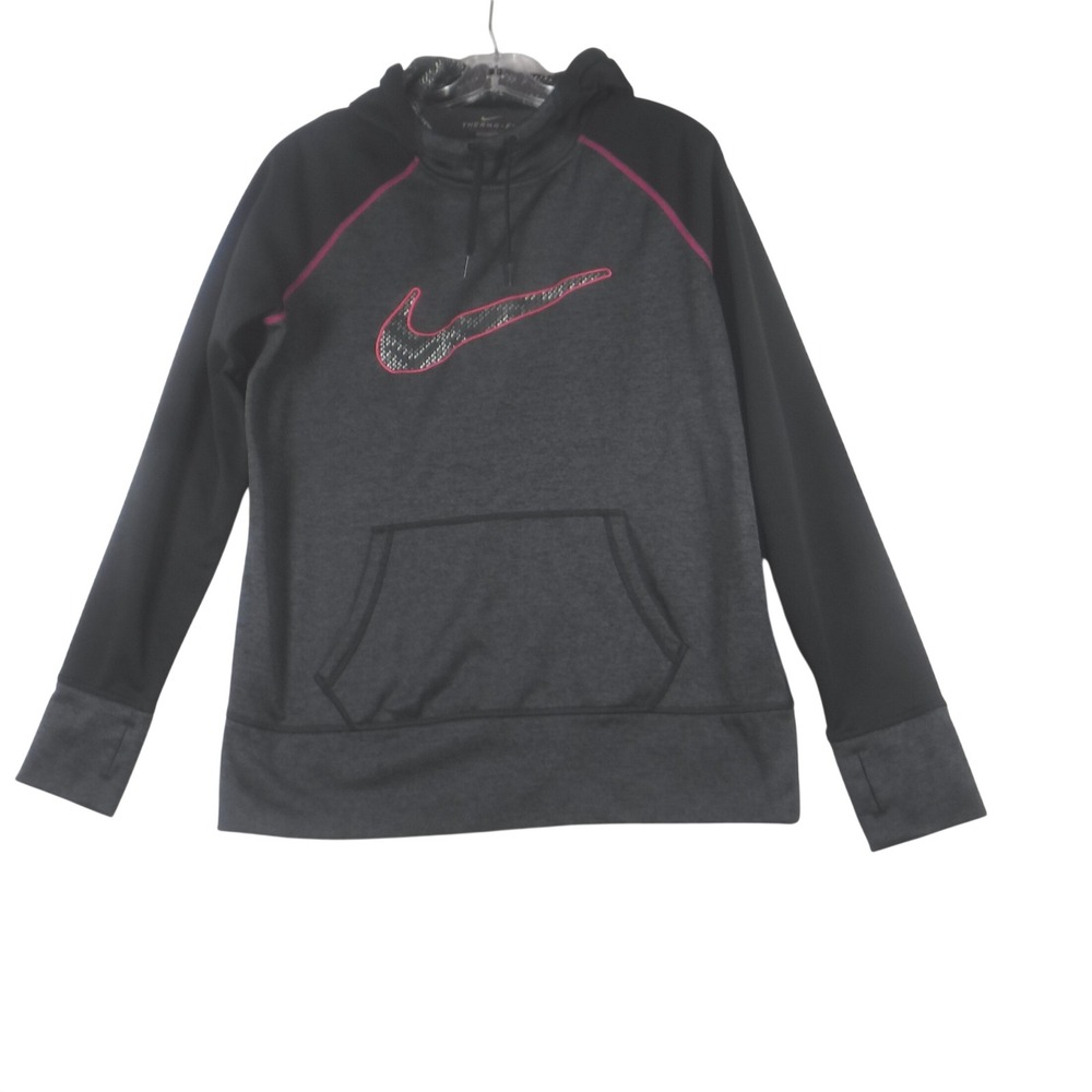 Nike Therma Fit Pullover Hoodie Women L Black Gray Pink Swoosh Logo Thumb Holes